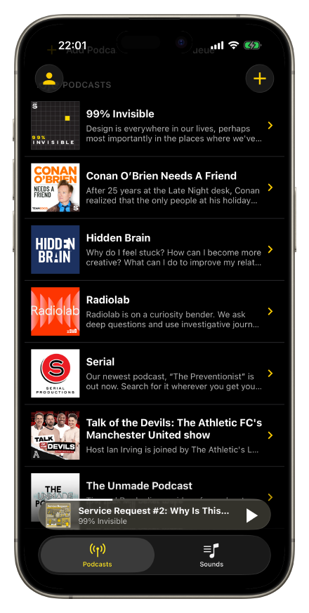 Tela inicial do Mixle mostrando sua biblioteca de podcasts