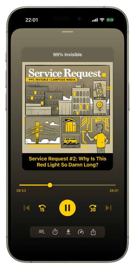 Player de podcast em tela cheia do Mixle com capa do episódio