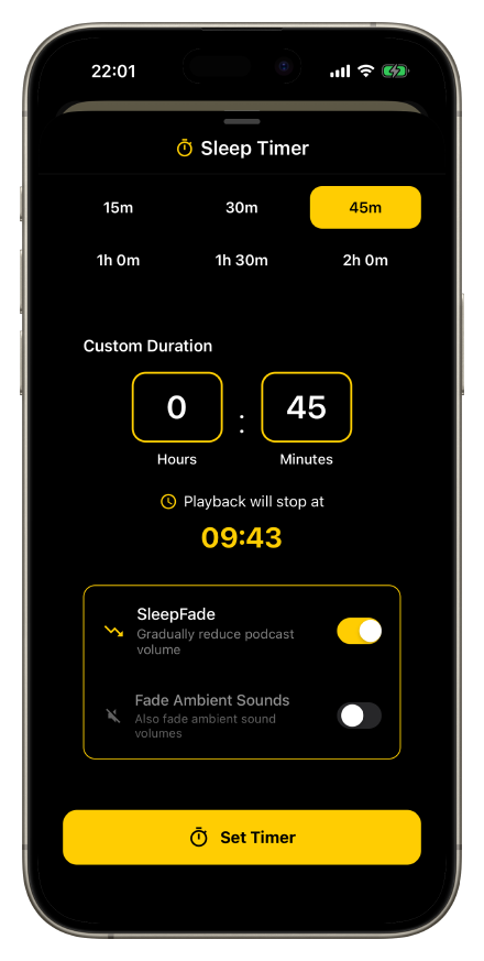 Timer de sono do Mixle com recurso SleepFade