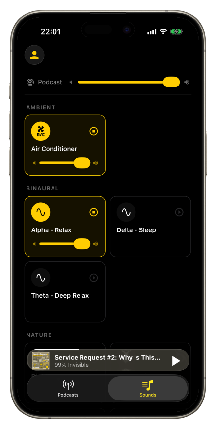 Tela de mixagem de sons do Mixle com opções de ambiente e binaurais
