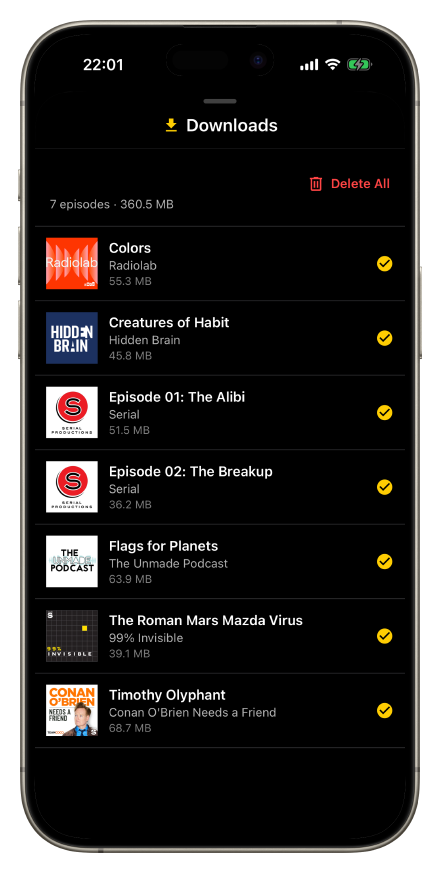 Tela de downloads do Mixle com episódios offline